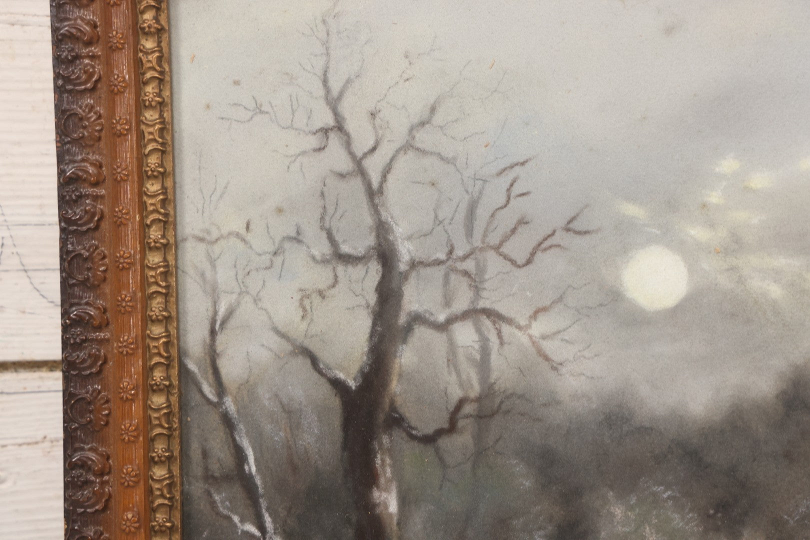 Lot 025 - Antique Pastel Painting Of Lake Cabin Winter Night Scene With Moon, Bare Trees And Bridge, In Original Ornate Gesso Frame, Signed B.J.G., 19-1/2" x 15-5/8"