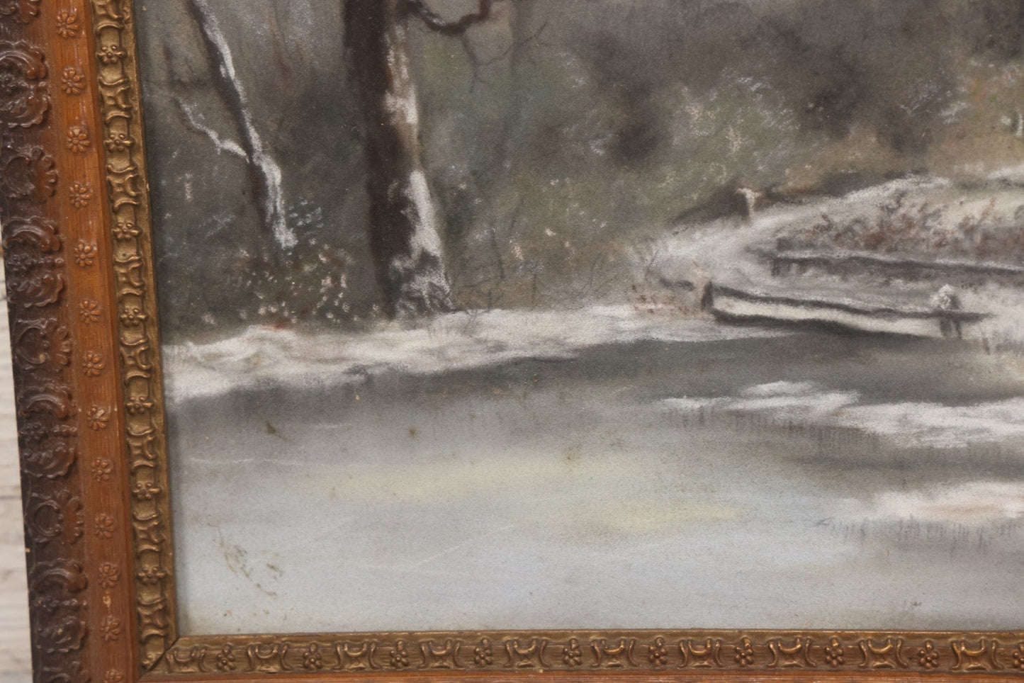 Lot 025 - Antique Pastel Painting Of Lake Cabin Winter Night Scene With Moon, Bare Trees And Bridge, In Original Ornate Gesso Frame, Signed B.J.G., 19-1/2" x 15-5/8"