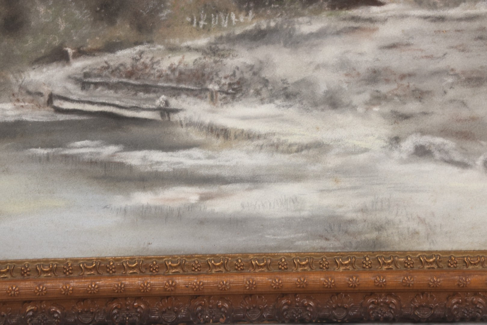 Lot 025 - Antique Pastel Painting Of Lake Cabin Winter Night Scene With Moon, Bare Trees And Bridge, In Original Ornate Gesso Frame, Signed B.J.G., 19-1/2" x 15-5/8"