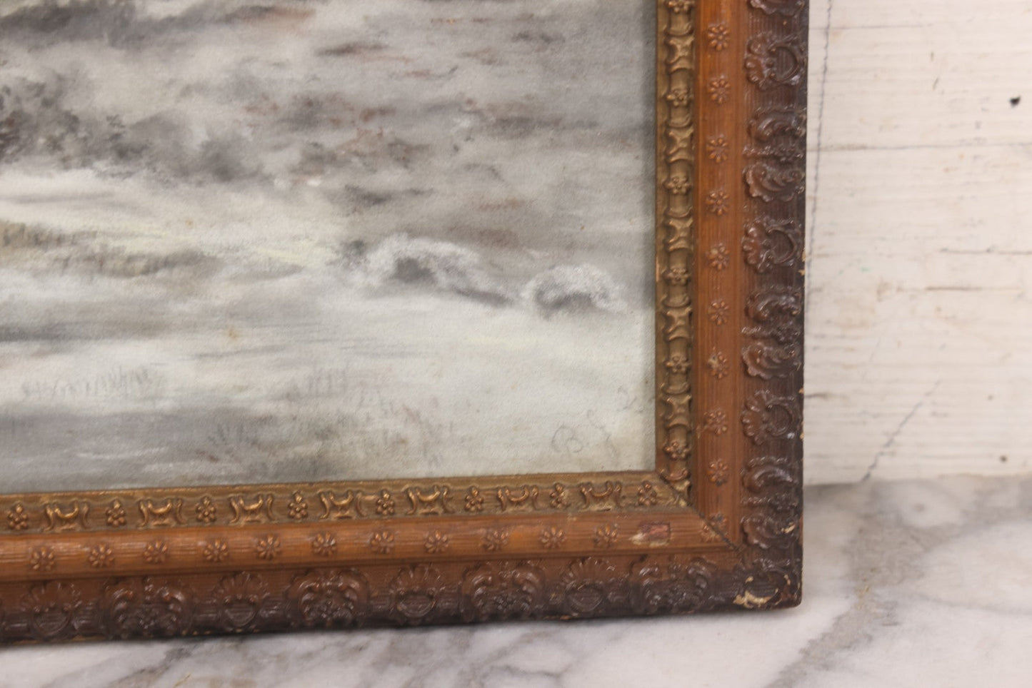 Lot 025 - Antique Pastel Painting Of Lake Cabin Winter Night Scene With Moon, Bare Trees And Bridge, In Original Ornate Gesso Frame, Signed B.J.G., 19-1/2" x 15-5/8"