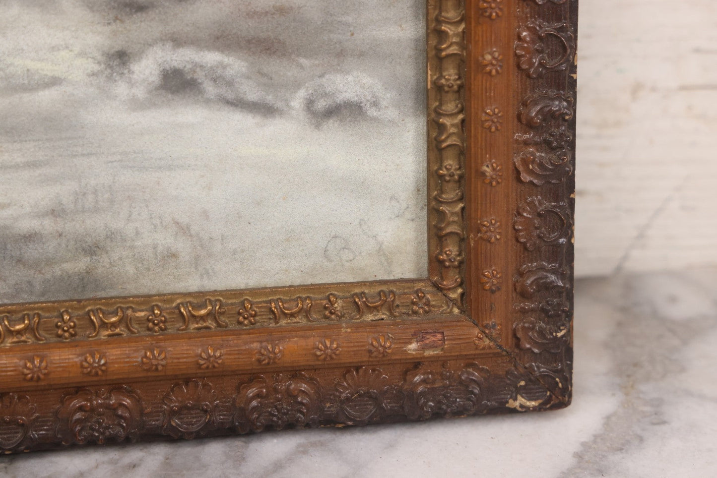 Lot 025 - Antique Pastel Painting Of Lake Cabin Winter Night Scene With Moon, Bare Trees And Bridge, In Original Ornate Gesso Frame, Signed B.J.G., 19-1/2" x 15-5/8"