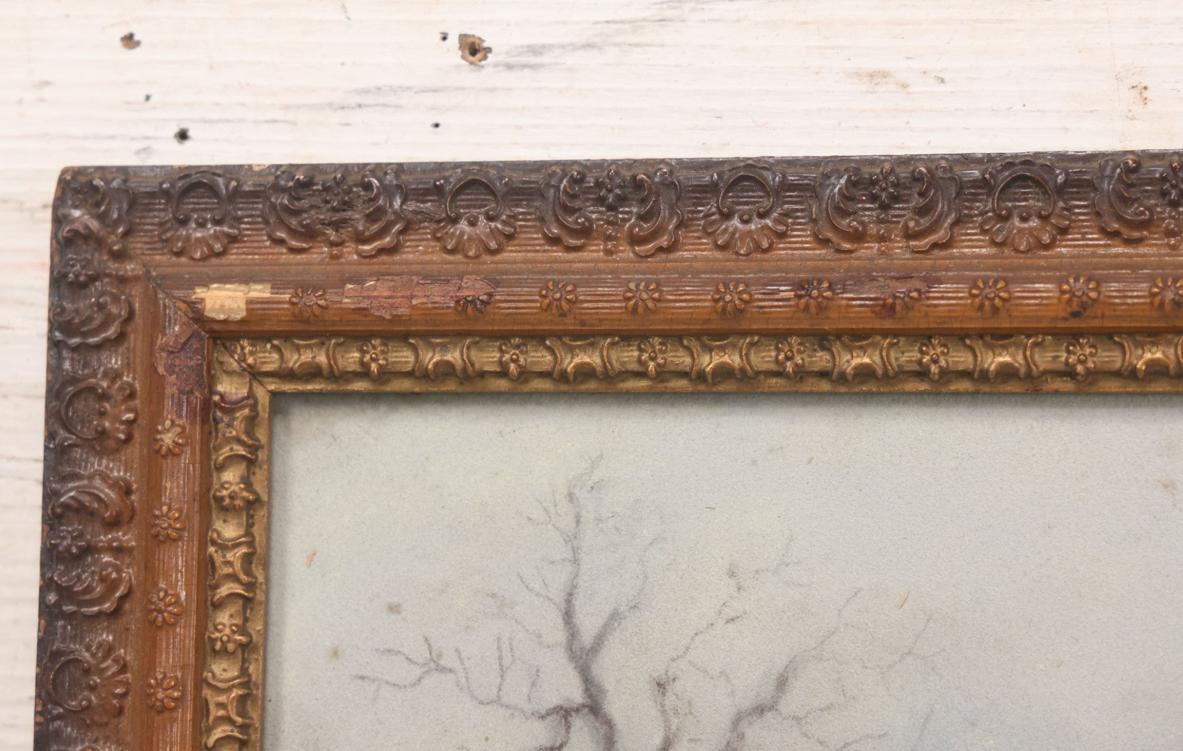 Lot 025 - Antique Pastel Painting Of Lake Cabin Winter Night Scene With Moon, Bare Trees And Bridge, In Original Ornate Gesso Frame, Signed B.J.G., 19-1/2" x 15-5/8"