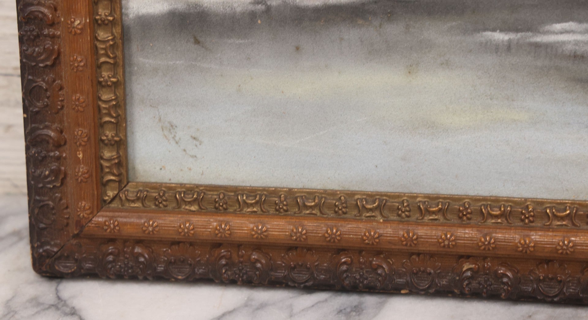 Lot 025 - Antique Pastel Painting Of Lake Cabin Winter Night Scene With Moon, Bare Trees And Bridge, In Original Ornate Gesso Frame, Signed B.J.G., 19-1/2" x 15-5/8"