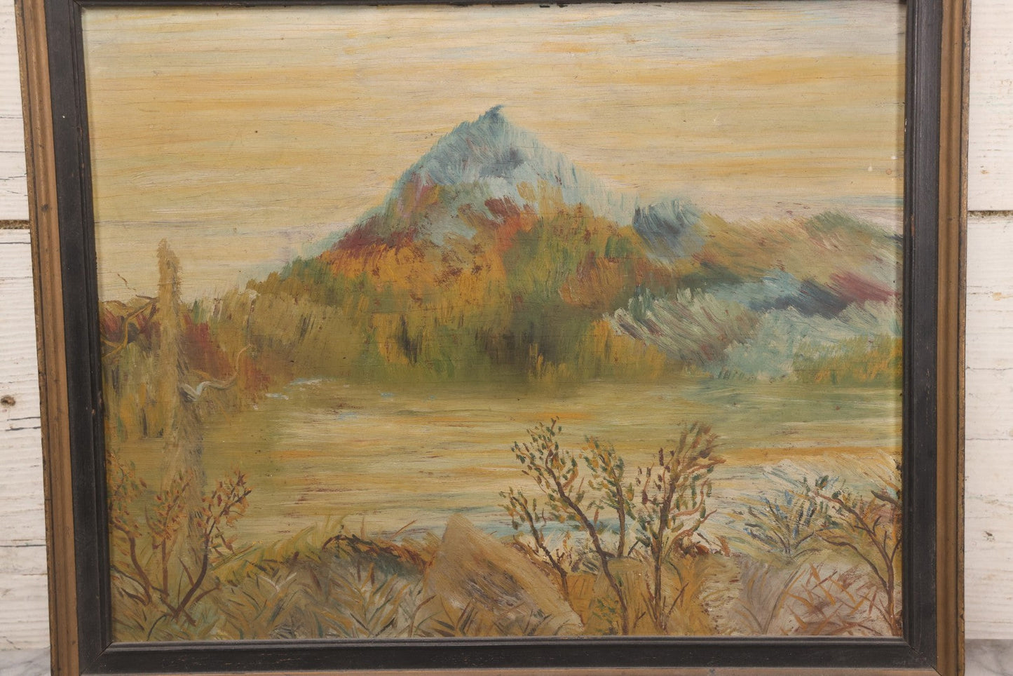 Lot 026 - Antique Oil On Wood Panel Landscape Mountain Scene With Fall Foliage, Pond, In Frame, 16-5/8" x 13-5/8"