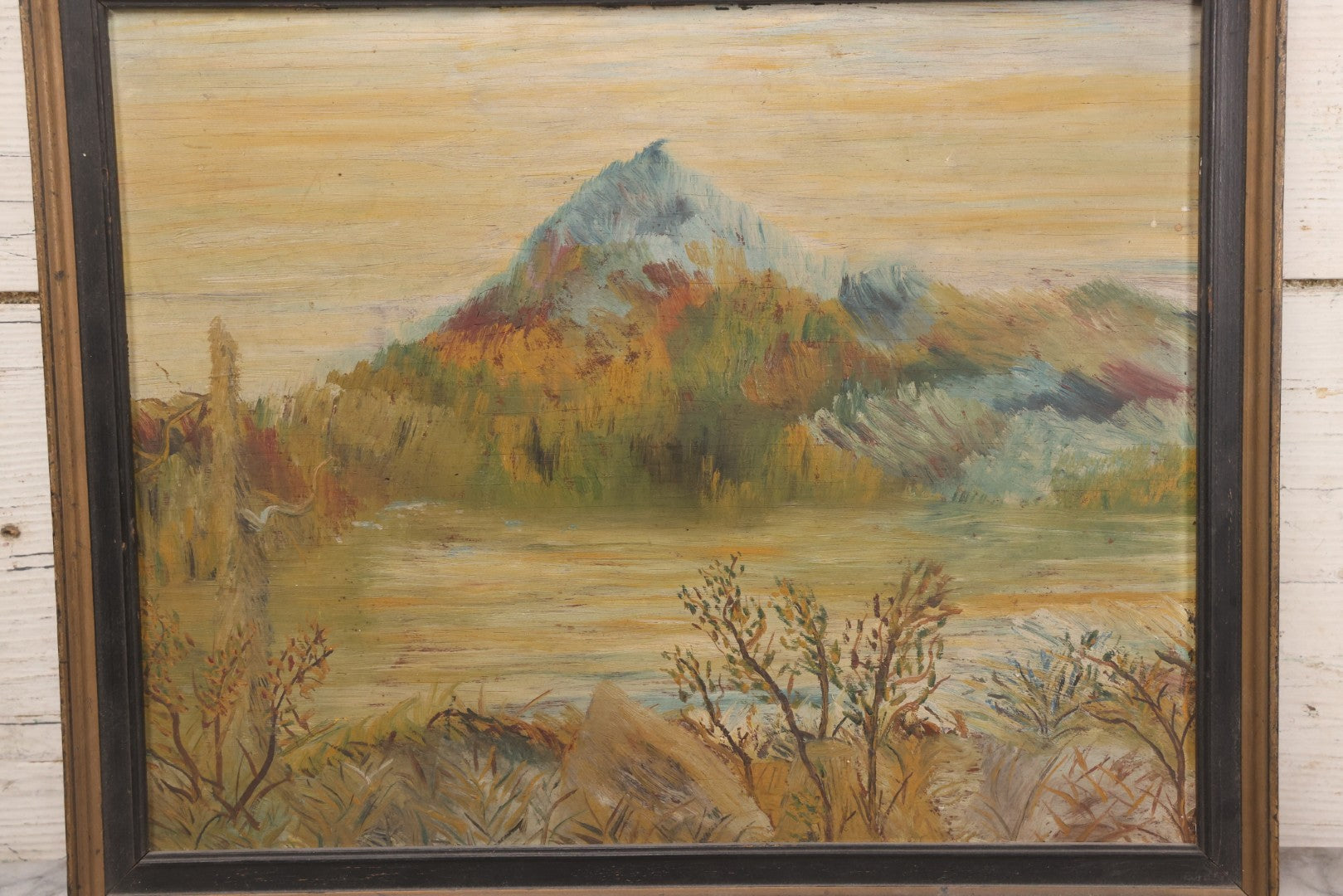 Lot 026 - Antique Oil On Wood Panel Landscape Mountain Scene With Fall Foliage, Pond, In Frame, 16-5/8" x 13-5/8"