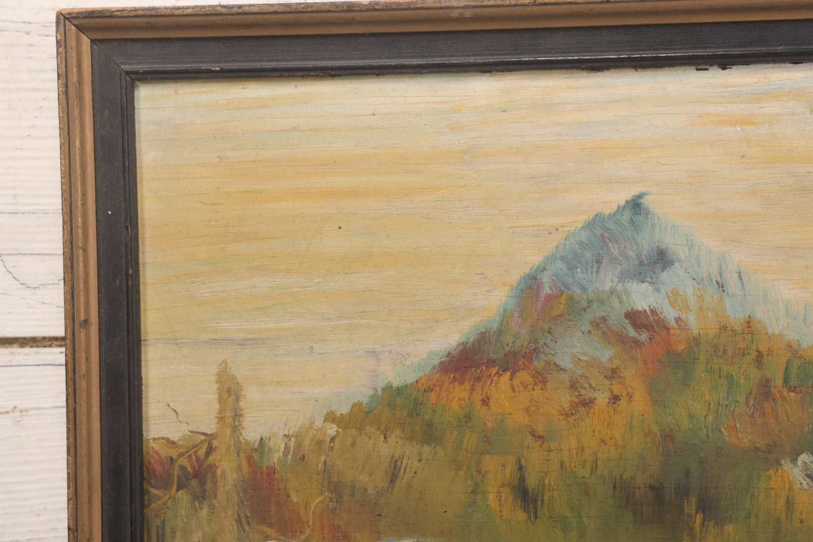 Lot 026 - Antique Oil On Wood Panel Landscape Mountain Scene With Fall Foliage, Pond, In Frame, 16-5/8" x 13-5/8"
