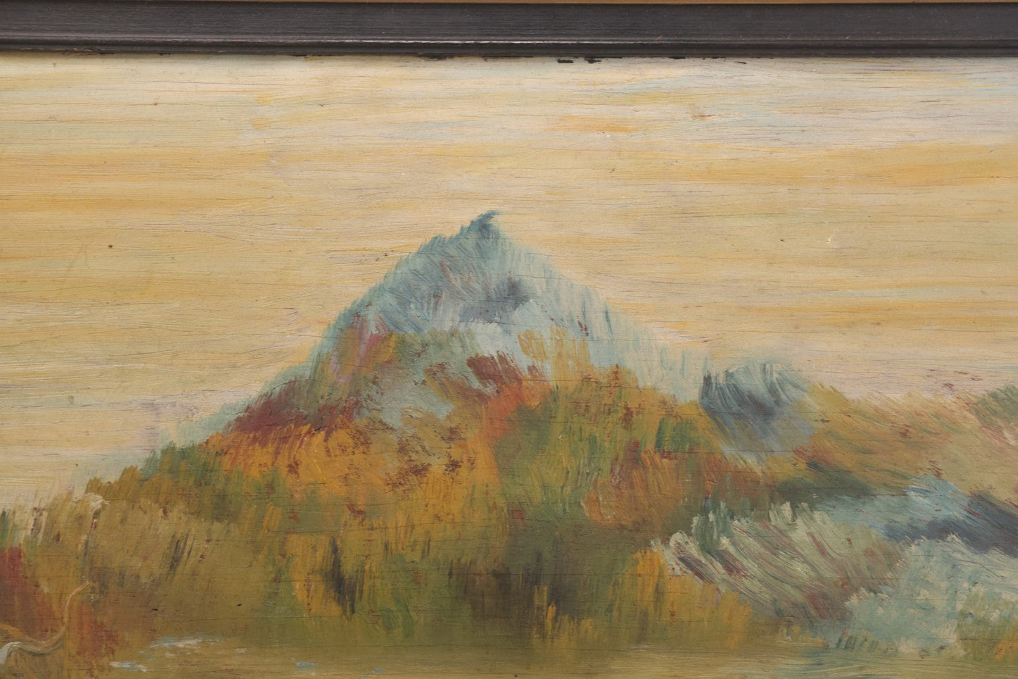 Lot 026 - Antique Oil On Wood Panel Landscape Mountain Scene With Fall Foliage, Pond, In Frame, 16-5/8" x 13-5/8"