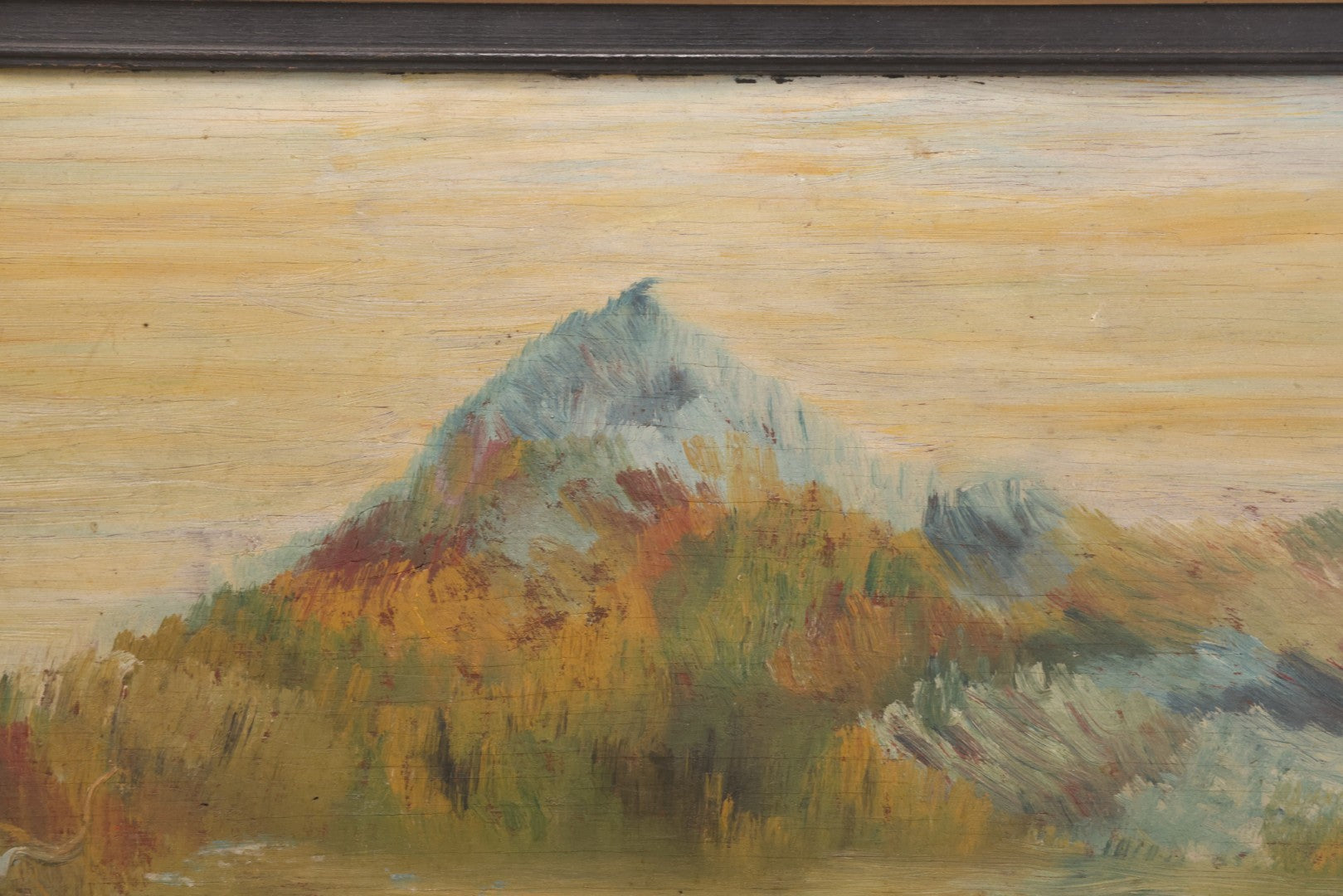 Lot 026 - Antique Oil On Wood Panel Landscape Mountain Scene With Fall Foliage, Pond, In Frame, 16-5/8" x 13-5/8"