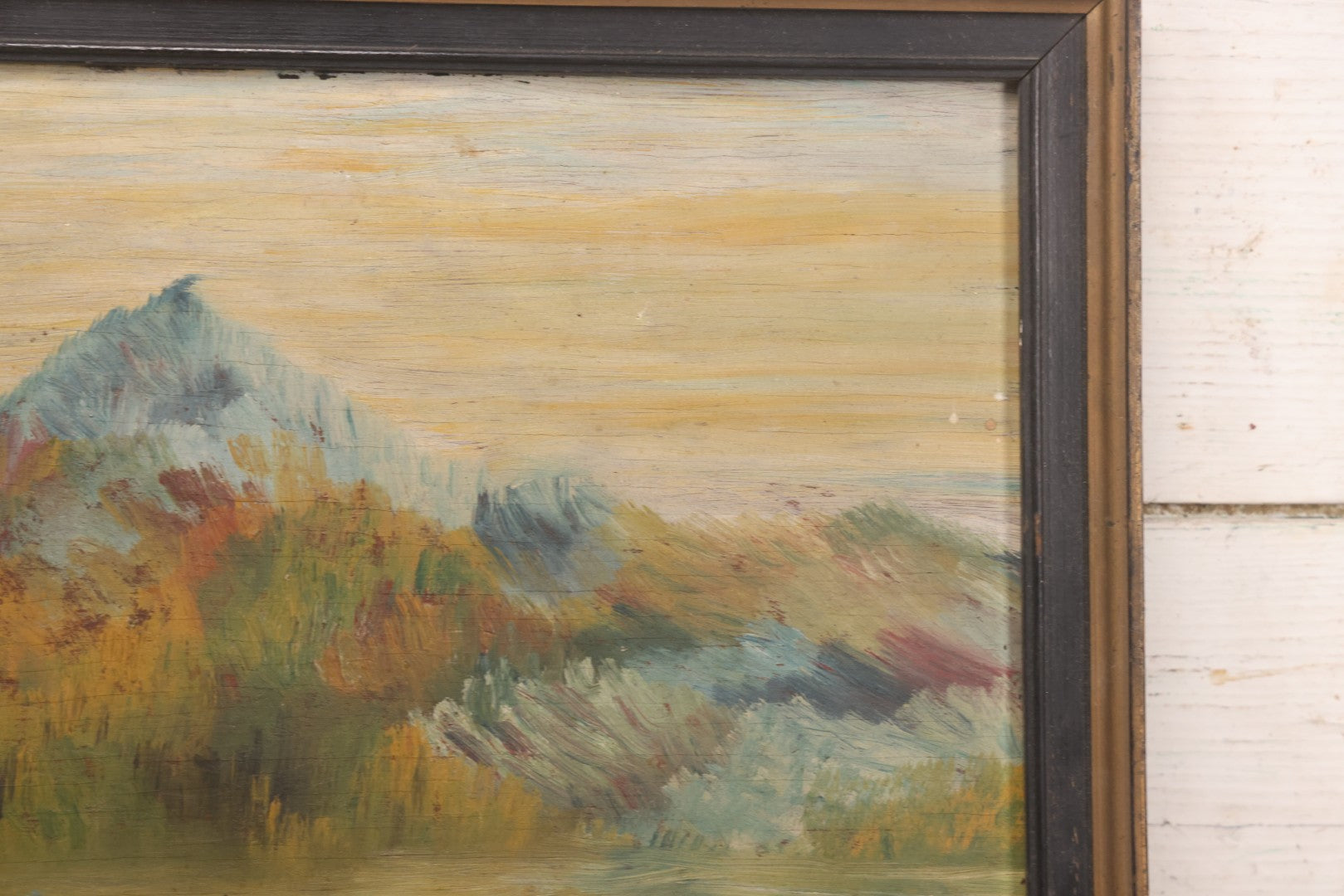 Lot 026 - Antique Oil On Wood Panel Landscape Mountain Scene With Fall Foliage, Pond, In Frame, 16-5/8" x 13-5/8"