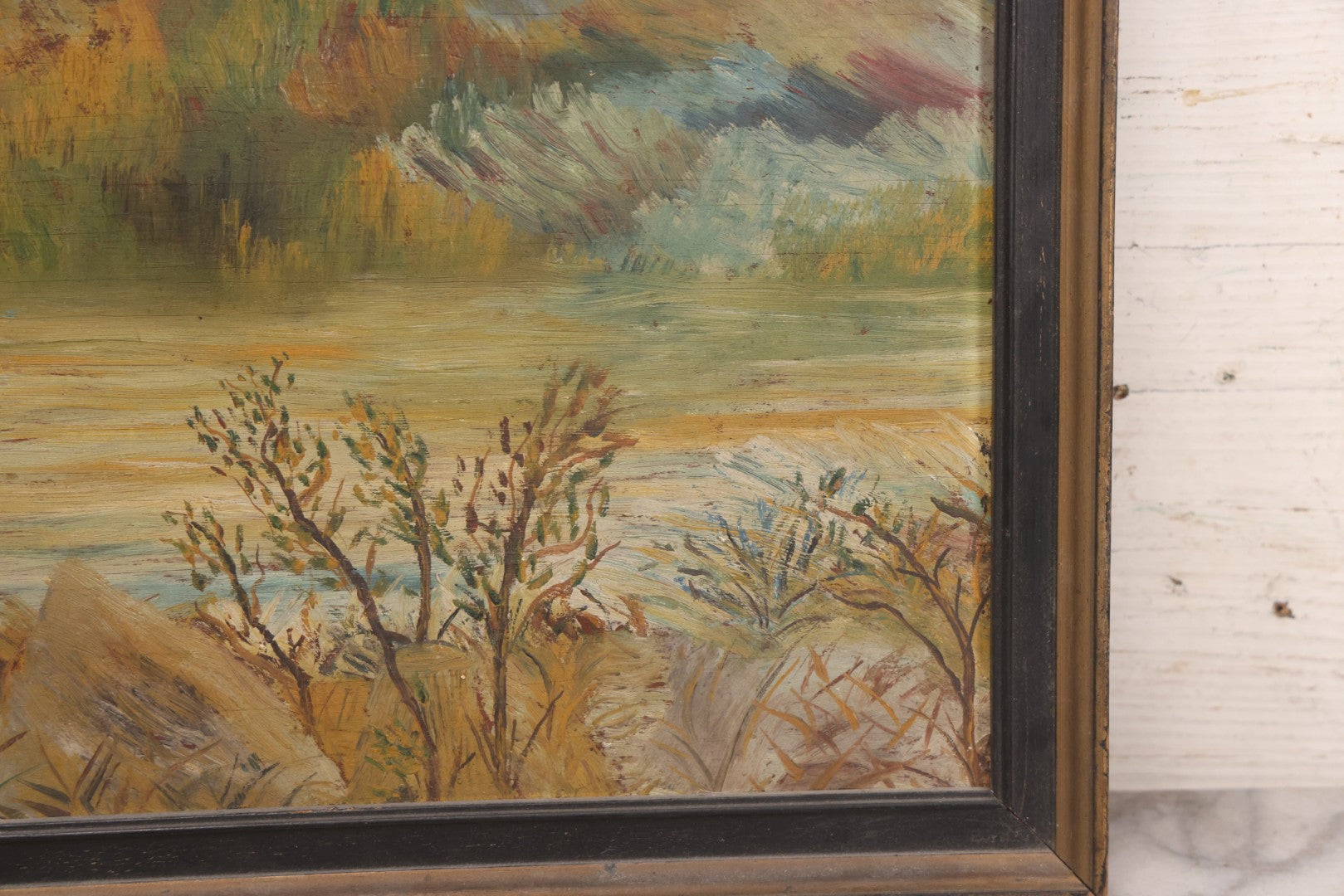 Lot 026 - Antique Oil On Wood Panel Landscape Mountain Scene With Fall Foliage, Pond, In Frame, 16-5/8" x 13-5/8"