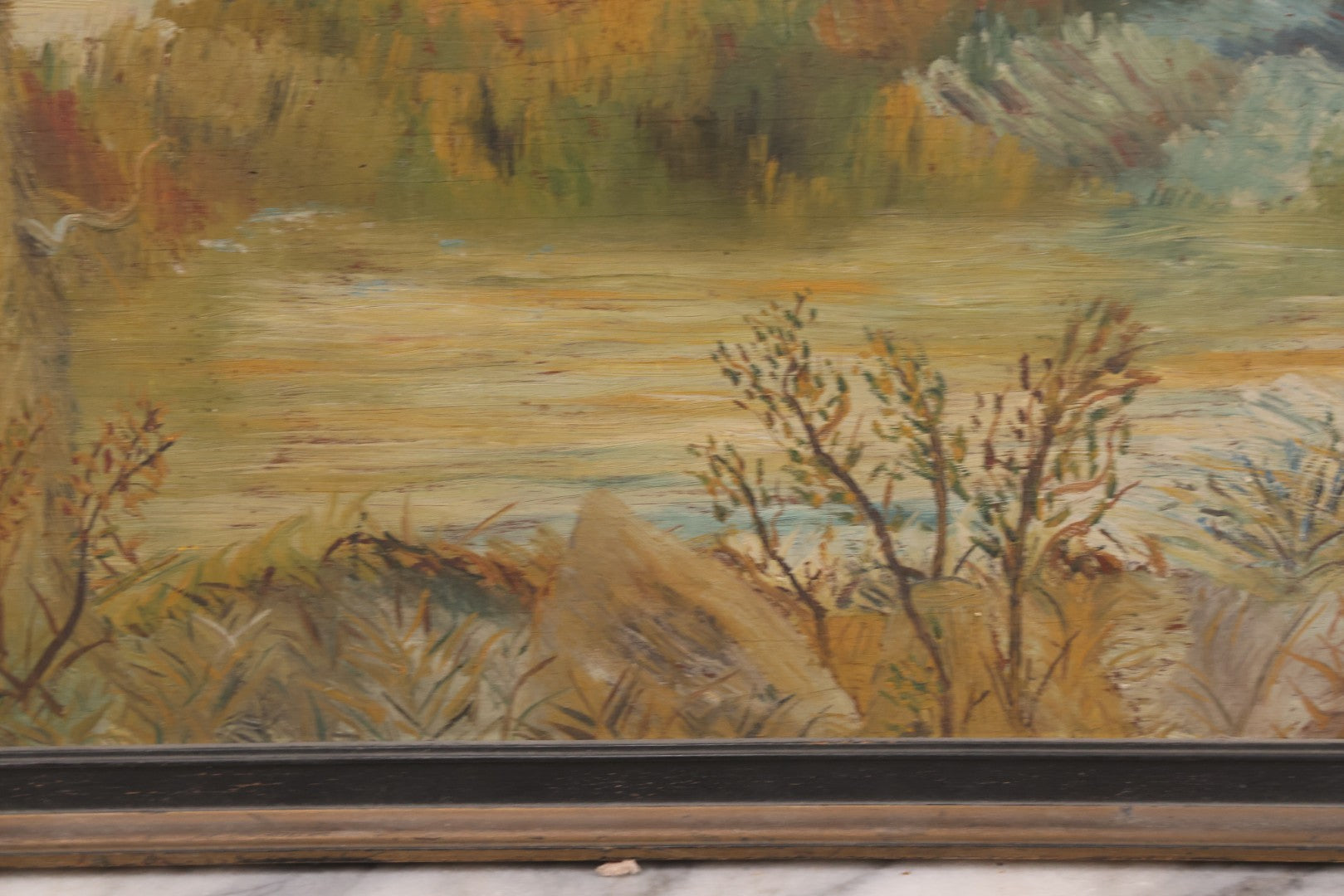 Lot 026 - Antique Oil On Wood Panel Landscape Mountain Scene With Fall Foliage, Pond, In Frame, 16-5/8" x 13-5/8"