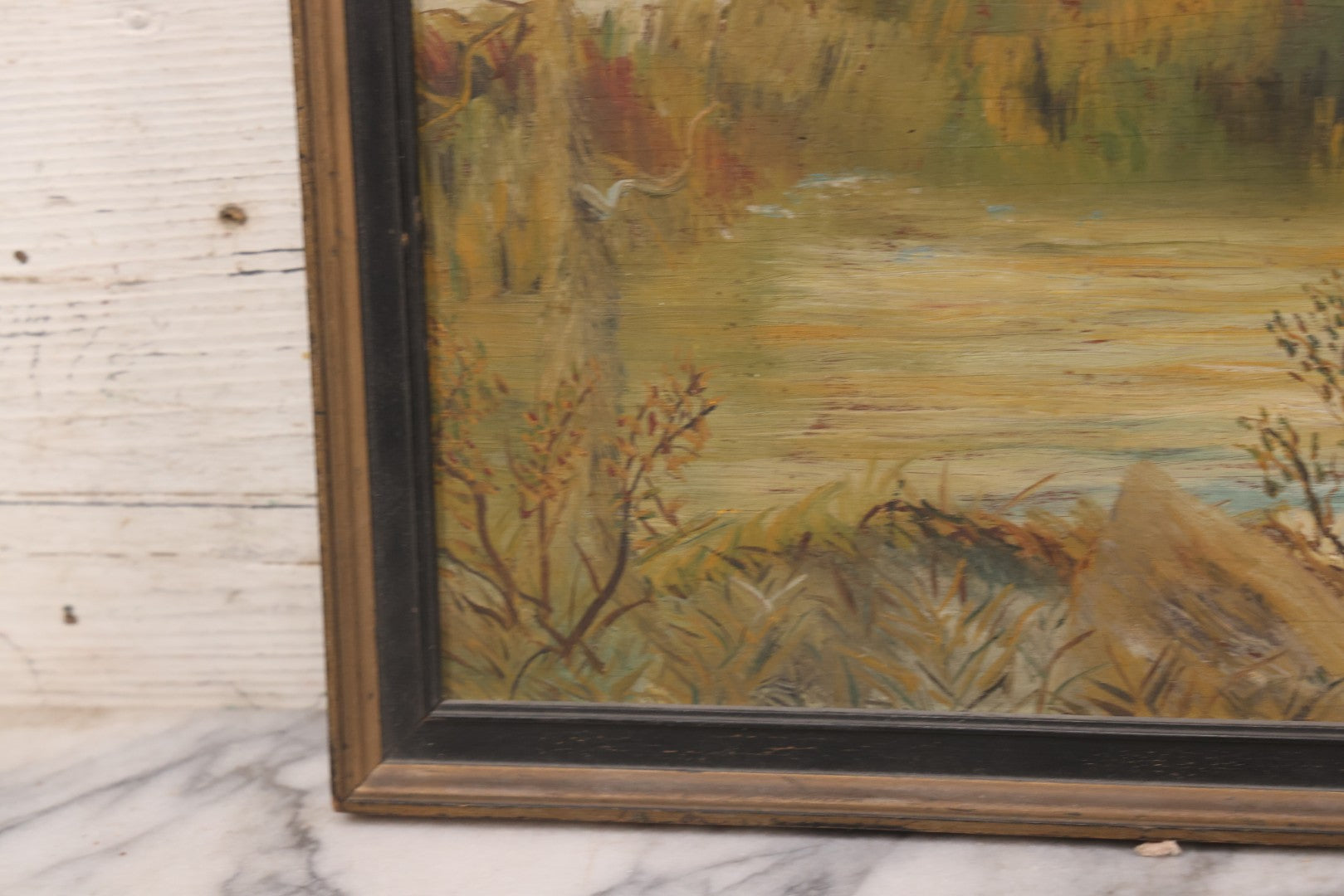Lot 026 - Antique Oil On Wood Panel Landscape Mountain Scene With Fall Foliage, Pond, In Frame, 16-5/8" x 13-5/8"