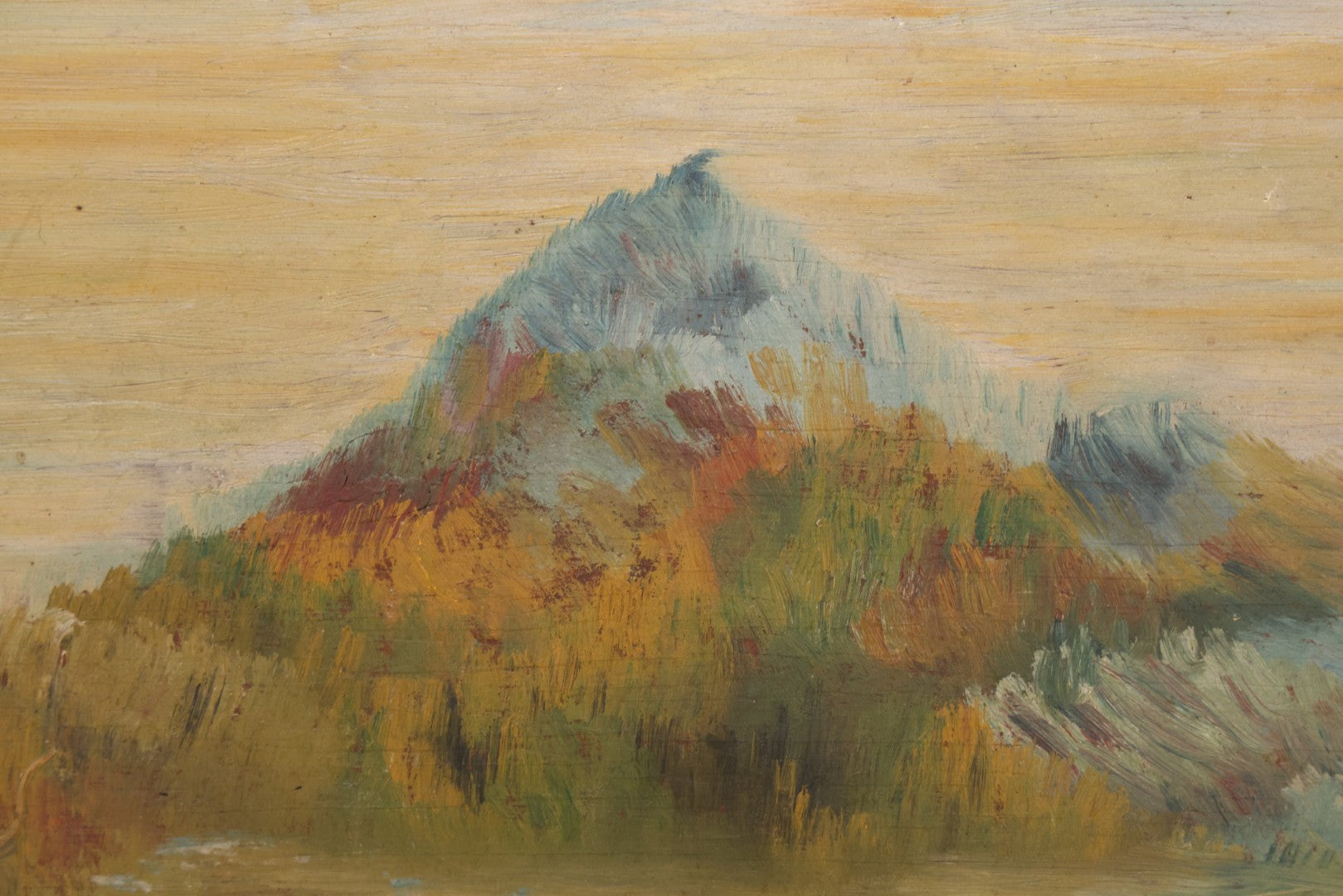 Lot 026 - Antique Oil On Wood Panel Landscape Mountain Scene With Fall Foliage, Pond, In Frame, 16-5/8" x 13-5/8"