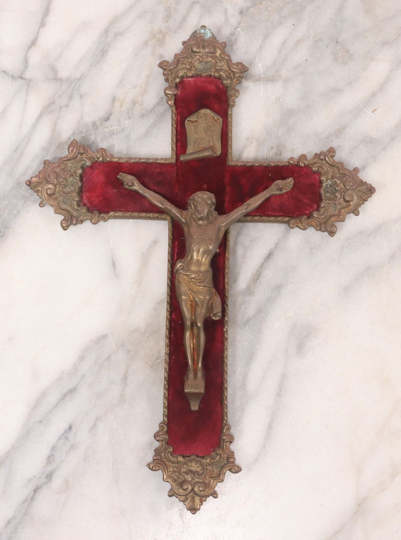 Lot 027 - Antique Ornate Brass Crucifix With Red Velvet Applique, Hand Hammered Details On Verso, Metal Loop Hanger, 8-5/8" x 12-1/8"