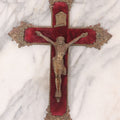 Lot 027 - Antique Ornate Brass Crucifix With Red Velvet Applique, Hand Hammered Details On Verso, Metal Loop Hanger, 8-5/8" x 12-1/8"