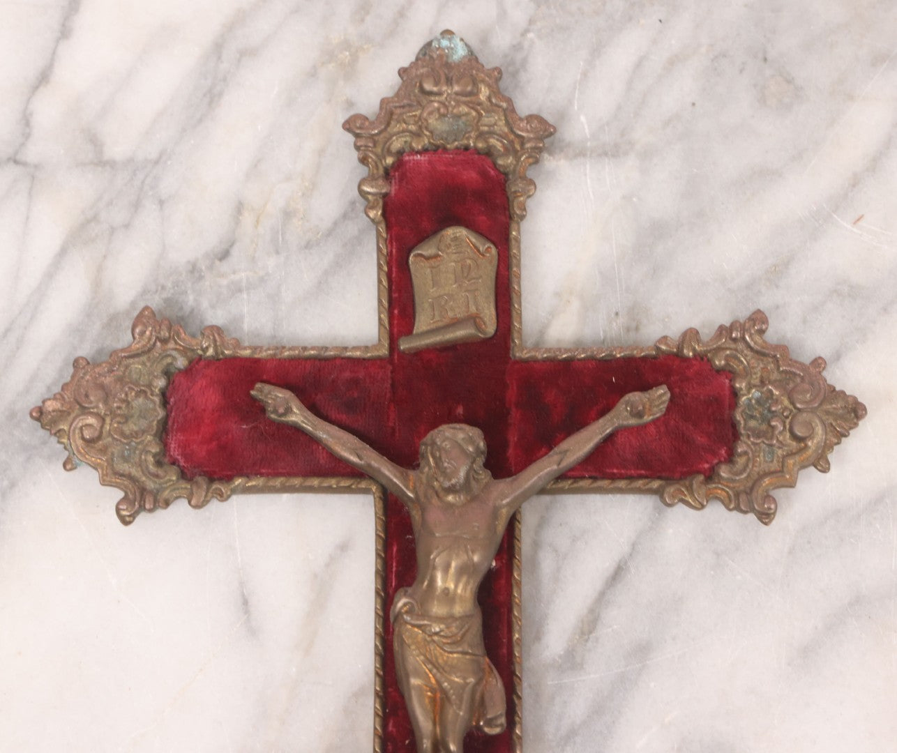 Lot 027 - Antique Ornate Brass Crucifix With Red Velvet Applique, Hand Hammered Details On Verso, Metal Loop Hanger, 8-5/8" x 12-1/8"