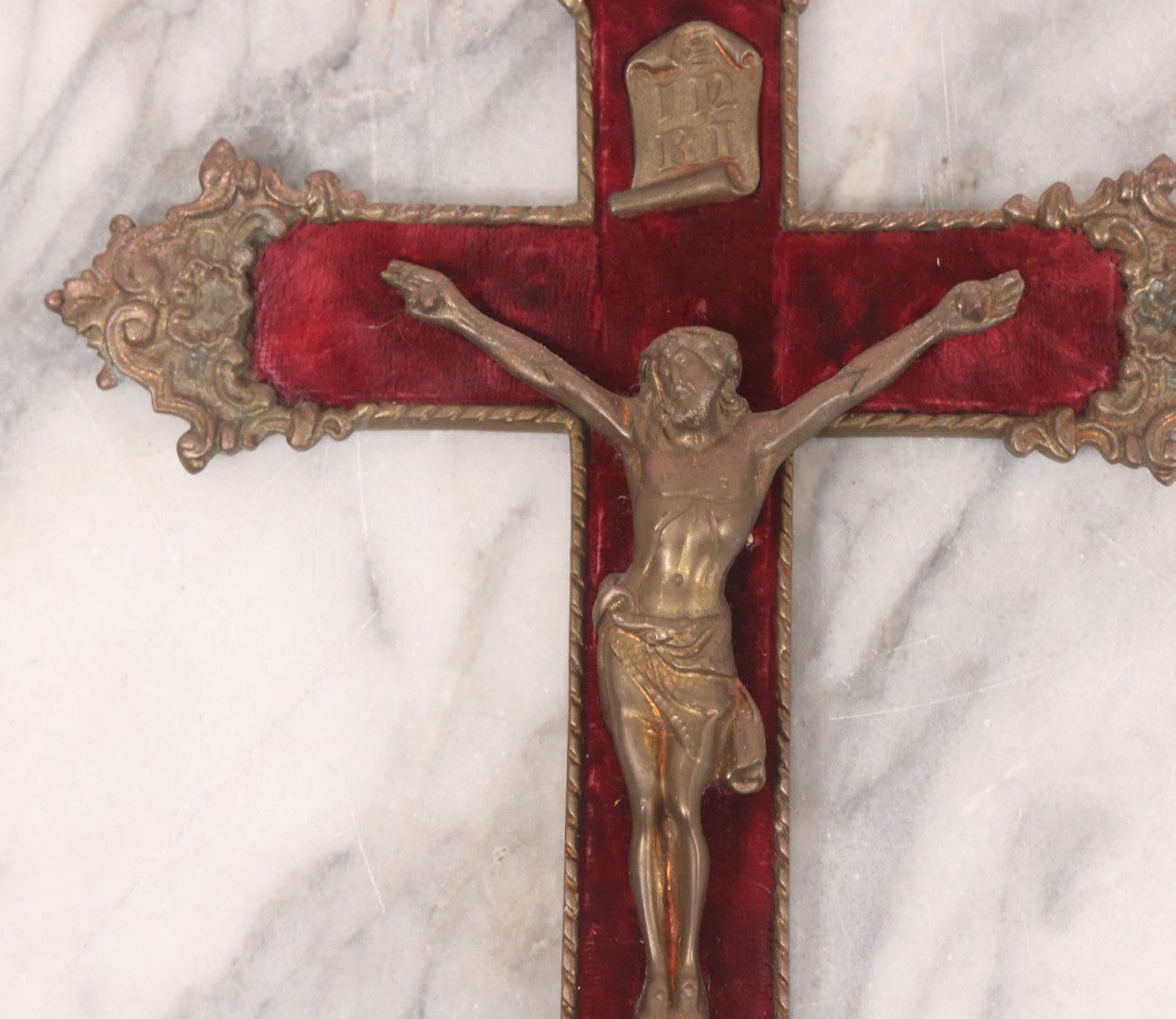 Lot 027 - Antique Ornate Brass Crucifix With Red Velvet Applique, Hand Hammered Details On Verso, Metal Loop Hanger, 8-5/8" x 12-1/8"