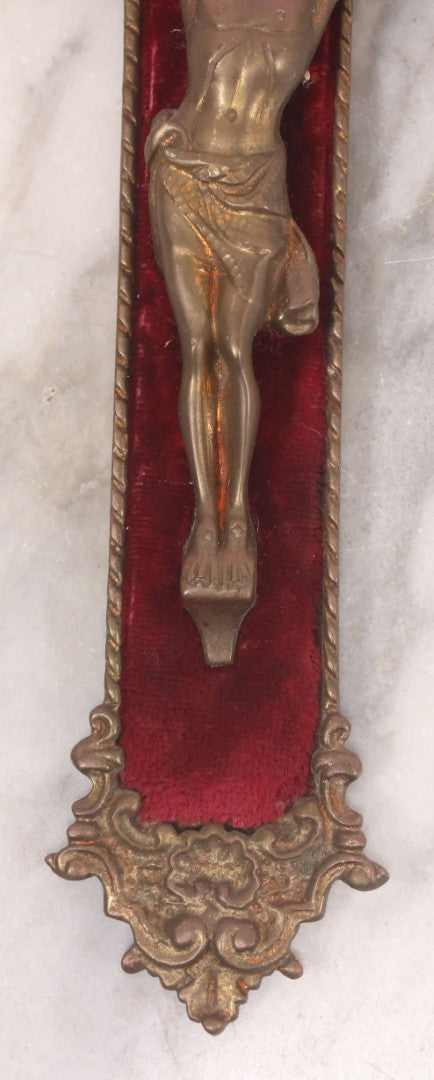 Lot 027 - Antique Ornate Brass Crucifix With Red Velvet Applique, Hand Hammered Details On Verso, Metal Loop Hanger, 8-5/8" x 12-1/8"
