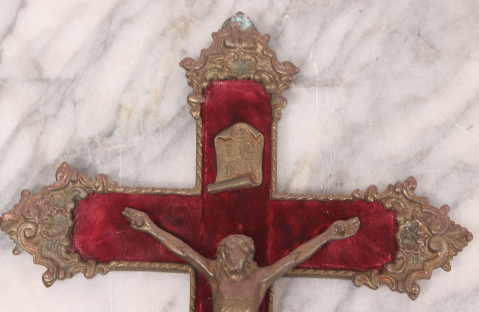 Lot 027 - Antique Ornate Brass Crucifix With Red Velvet Applique, Hand Hammered Details On Verso, Metal Loop Hanger, 8-5/8" x 12-1/8"
