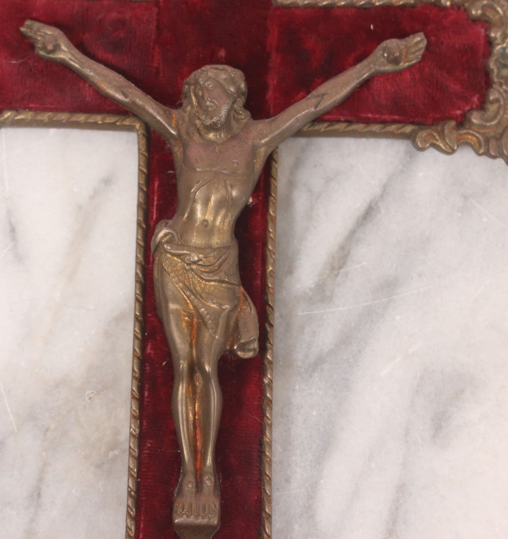 Lot 027 - Antique Ornate Brass Crucifix With Red Velvet Applique, Hand Hammered Details On Verso, Metal Loop Hanger, 8-5/8" x 12-1/8"