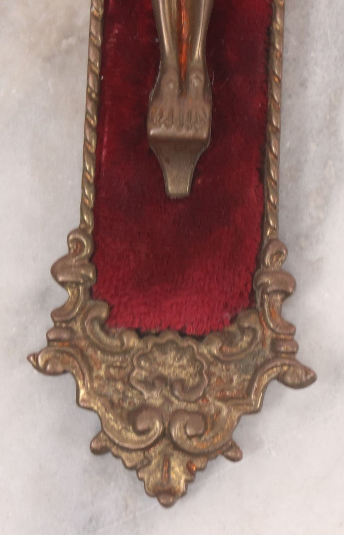 Lot 027 - Antique Ornate Brass Crucifix With Red Velvet Applique, Hand Hammered Details On Verso, Metal Loop Hanger, 8-5/8" x 12-1/8"