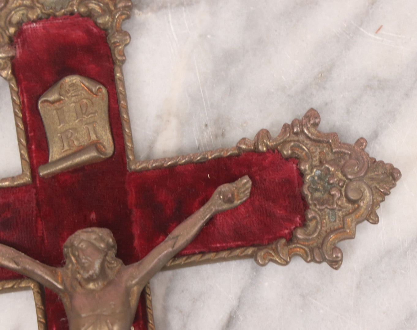 Lot 027 - Antique Ornate Brass Crucifix With Red Velvet Applique, Hand Hammered Details On Verso, Metal Loop Hanger, 8-5/8" x 12-1/8"