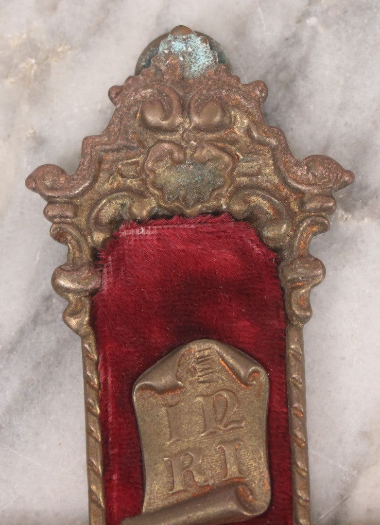 Lot 027 - Antique Ornate Brass Crucifix With Red Velvet Applique, Hand Hammered Details On Verso, Metal Loop Hanger, 8-5/8" x 12-1/8"