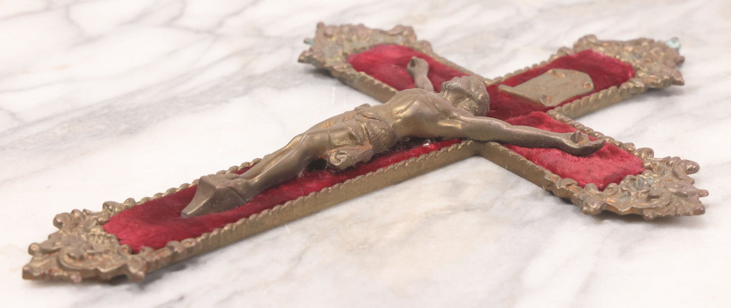 Lot 027 - Antique Ornate Brass Crucifix With Red Velvet Applique, Hand Hammered Details On Verso, Metal Loop Hanger, 8-5/8" x 12-1/8"