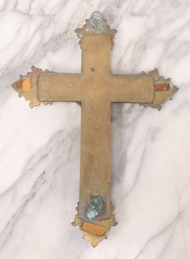 Lot 027 - Antique Ornate Brass Crucifix With Red Velvet Applique, Hand Hammered Details On Verso, Metal Loop Hanger, 8-5/8" x 12-1/8"