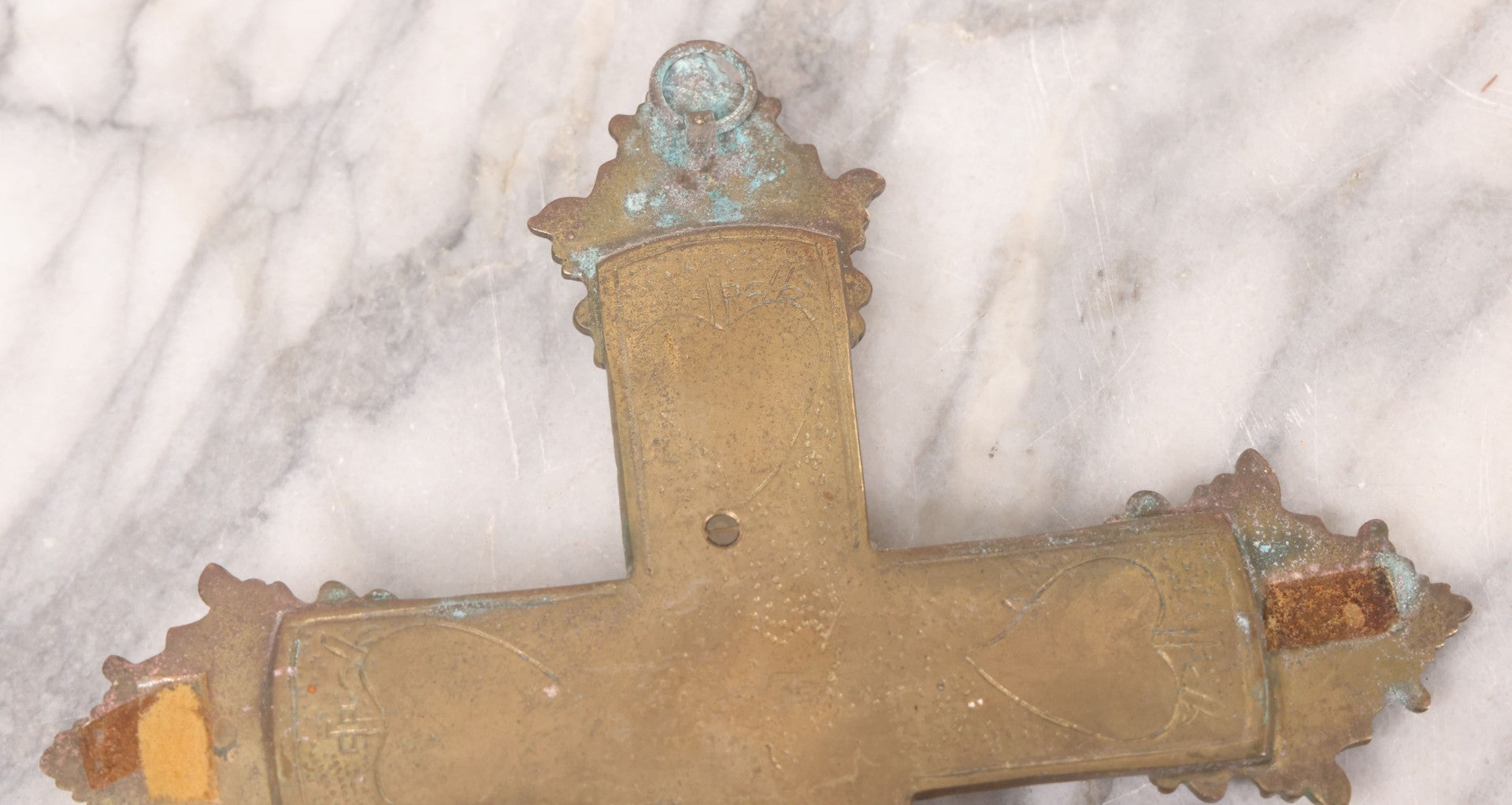 Lot 027 - Antique Ornate Brass Crucifix With Red Velvet Applique, Hand Hammered Details On Verso, Metal Loop Hanger, 8-5/8" x 12-1/8"