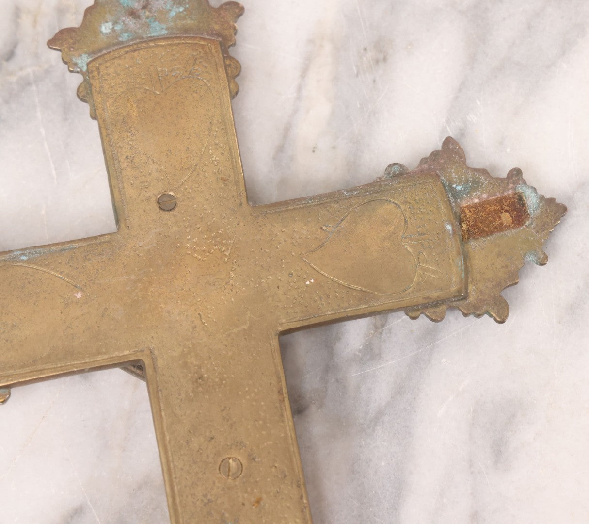 Lot 027 - Antique Ornate Brass Crucifix With Red Velvet Applique, Hand Hammered Details On Verso, Metal Loop Hanger, 8-5/8" x 12-1/8"