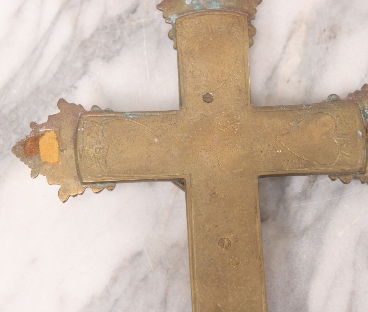 Lot 027 - Antique Ornate Brass Crucifix With Red Velvet Applique, Hand Hammered Details On Verso, Metal Loop Hanger, 8-5/8" x 12-1/8"