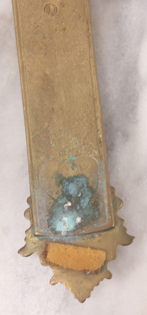 Lot 027 - Antique Ornate Brass Crucifix With Red Velvet Applique, Hand Hammered Details On Verso, Metal Loop Hanger, 8-5/8" x 12-1/8"