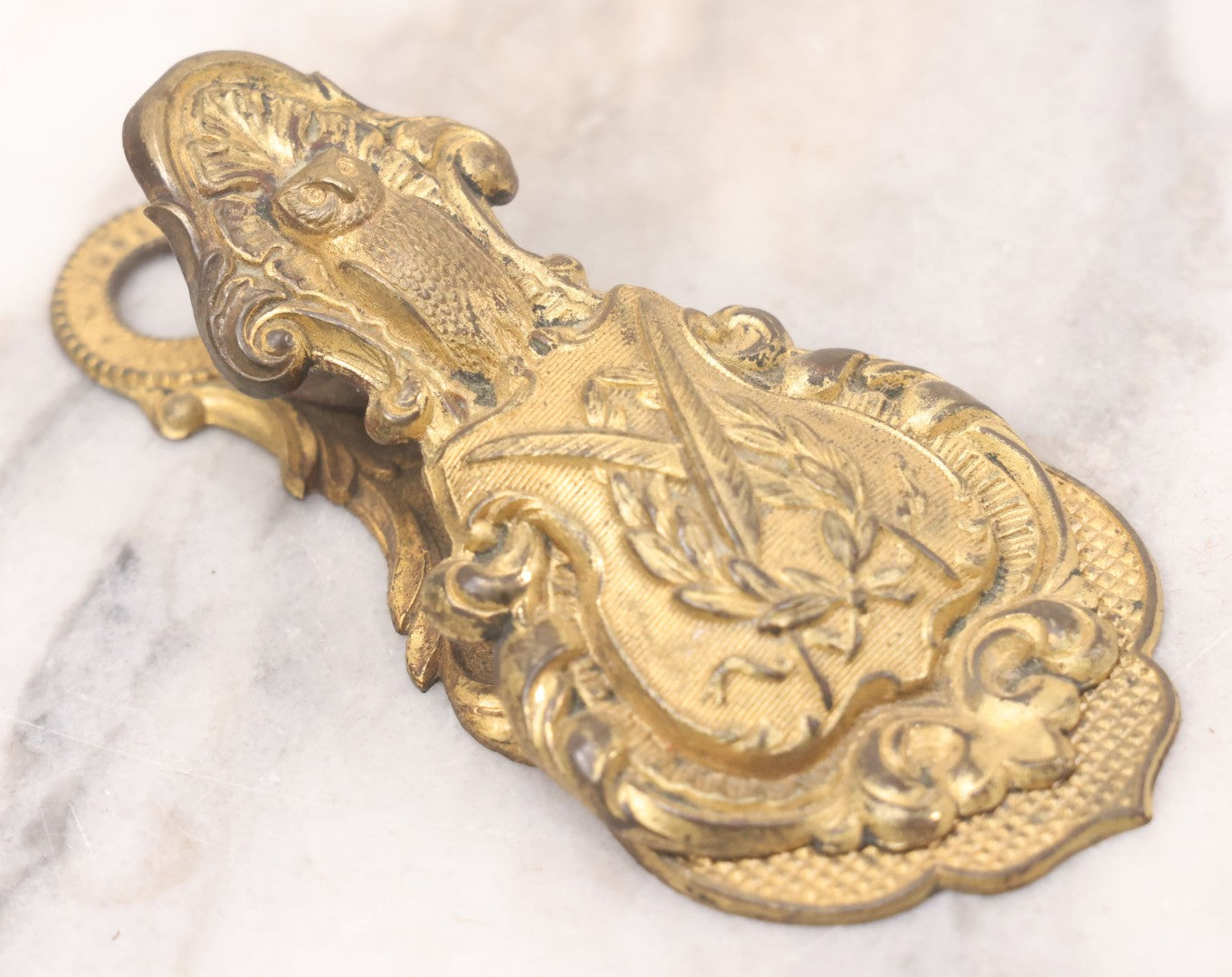 Lot 029 - Antique Victorian Pressed Brass Paperclip With Owl, Crossed Quills Motifs, Manufactured By W. Dowler, Birmingham, England, 4-7/8" Height