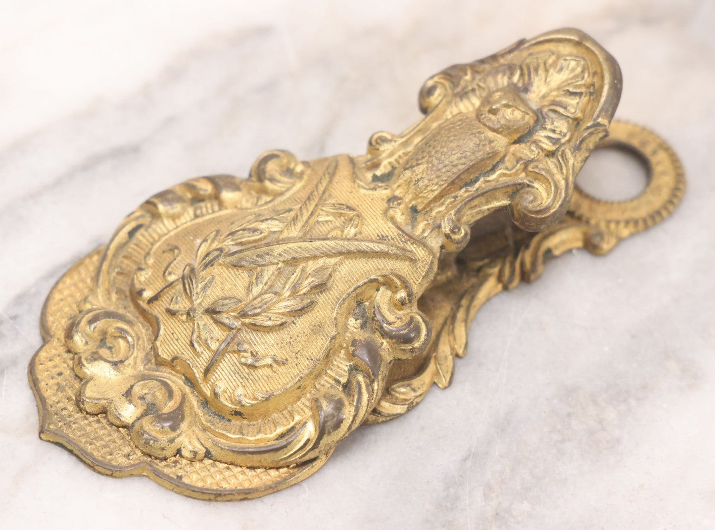 Lot 029 - Antique Victorian Pressed Brass Paperclip With Owl, Crossed Quills Motifs, Manufactured By W. Dowler, Birmingham, England, 4-7/8" Height