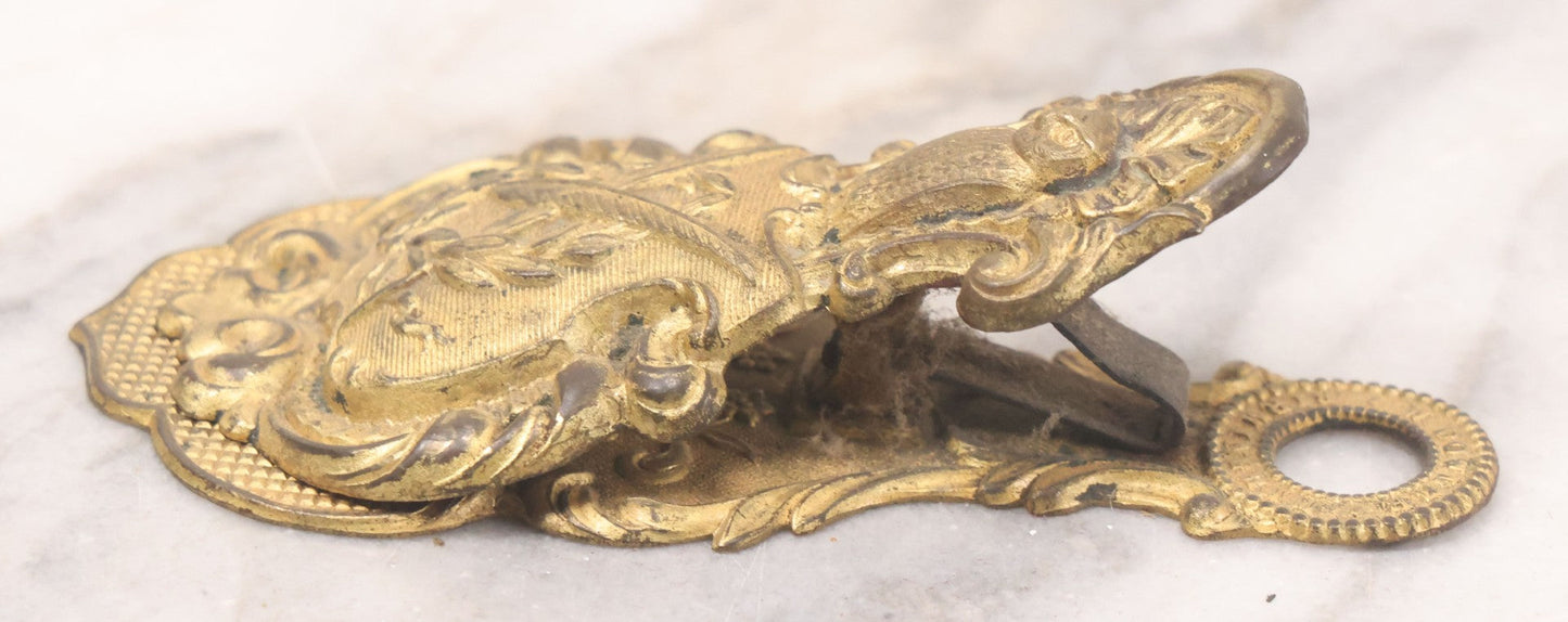 Lot 029 - Antique Victorian Pressed Brass Paperclip With Owl, Crossed Quills Motifs, Manufactured By W. Dowler, Birmingham, England, 4-7/8" Height