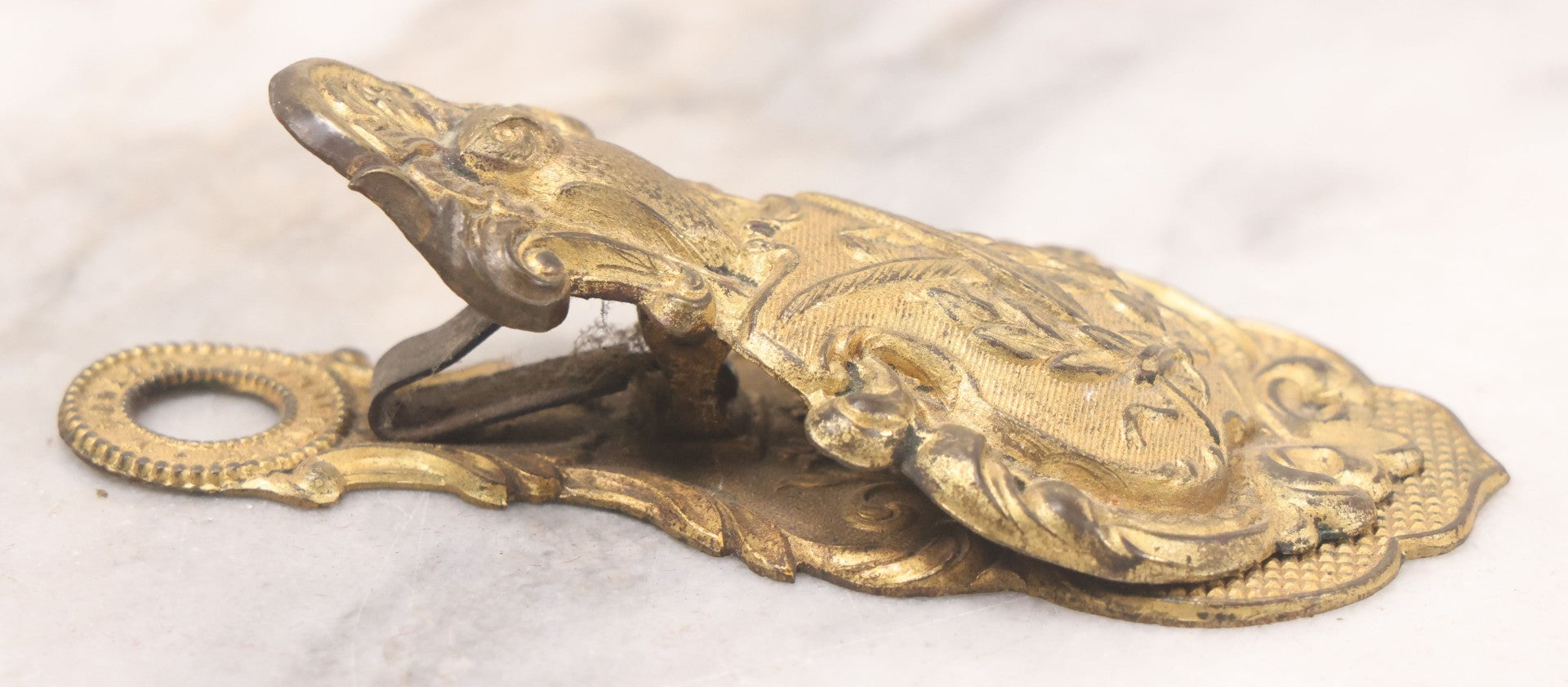 Lot 029 - Antique Victorian Pressed Brass Paperclip With Owl, Crossed Quills Motifs, Manufactured By W. Dowler, Birmingham, England, 4-7/8" Height