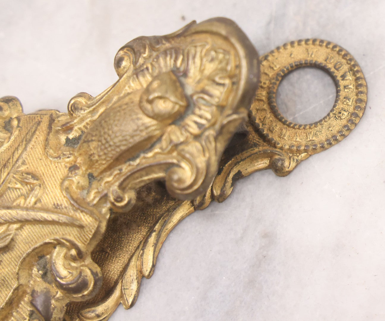 Lot 029 - Antique Victorian Pressed Brass Paperclip With Owl, Crossed Quills Motifs, Manufactured By W. Dowler, Birmingham, England, 4-7/8" Height