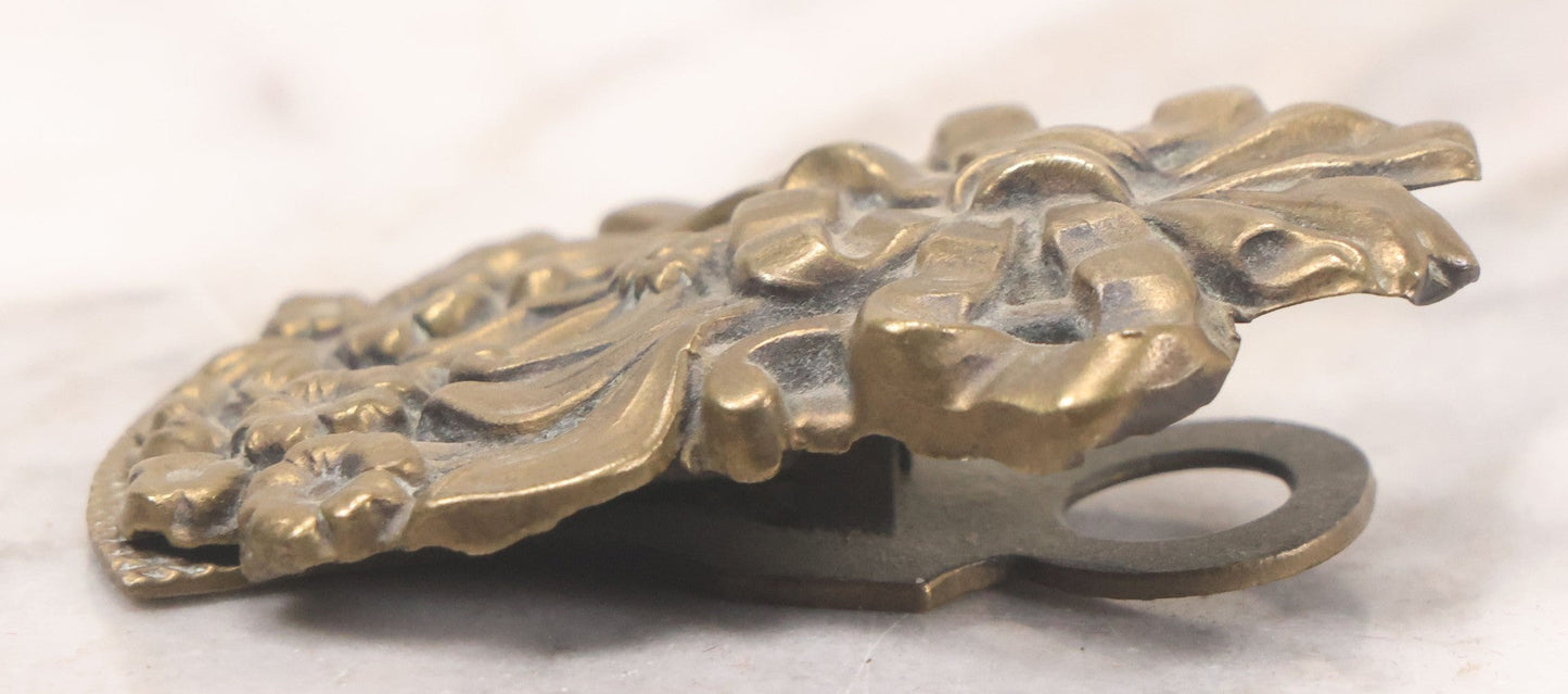Lot 030 - Antique Victorian Pressed Brass Paperclip With Bow And Flower Bouquet Motifs, Illegible Manufacturer's Mark, 3-3/8" Height
