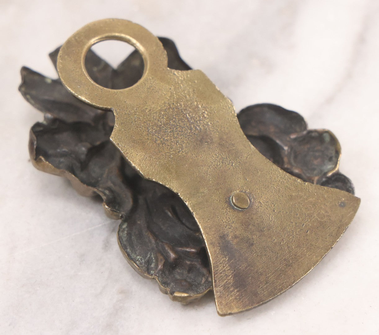 Lot 030 - Antique Victorian Pressed Brass Paperclip With Bow And Flower Bouquet Motifs, Illegible Manufacturer's Mark, 3-3/8" Height