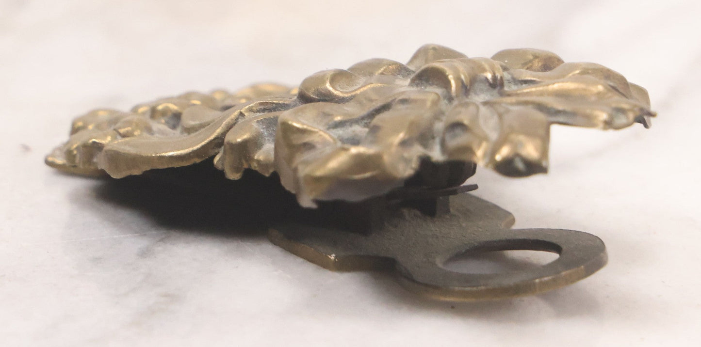 Lot 030 - Antique Victorian Pressed Brass Paperclip With Bow And Flower Bouquet Motifs, Illegible Manufacturer's Mark, 3-3/8" Height