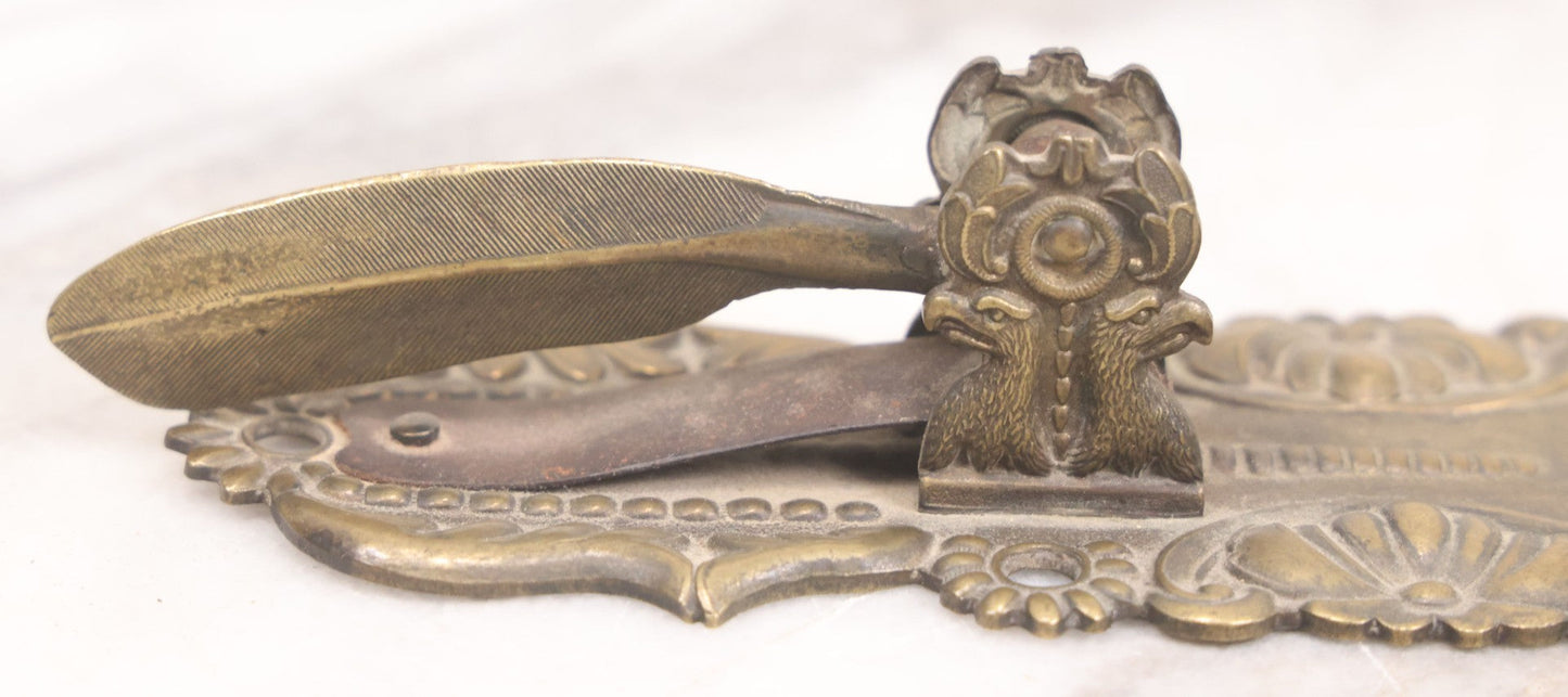 Lot 031 - Antique Victorian Pressed Brass Paperclip With Eagle And Feather Motifs, Manufactured By F.A. Rockwell, 1860, Note Damaged, Missing Hand Clip, 6" Length