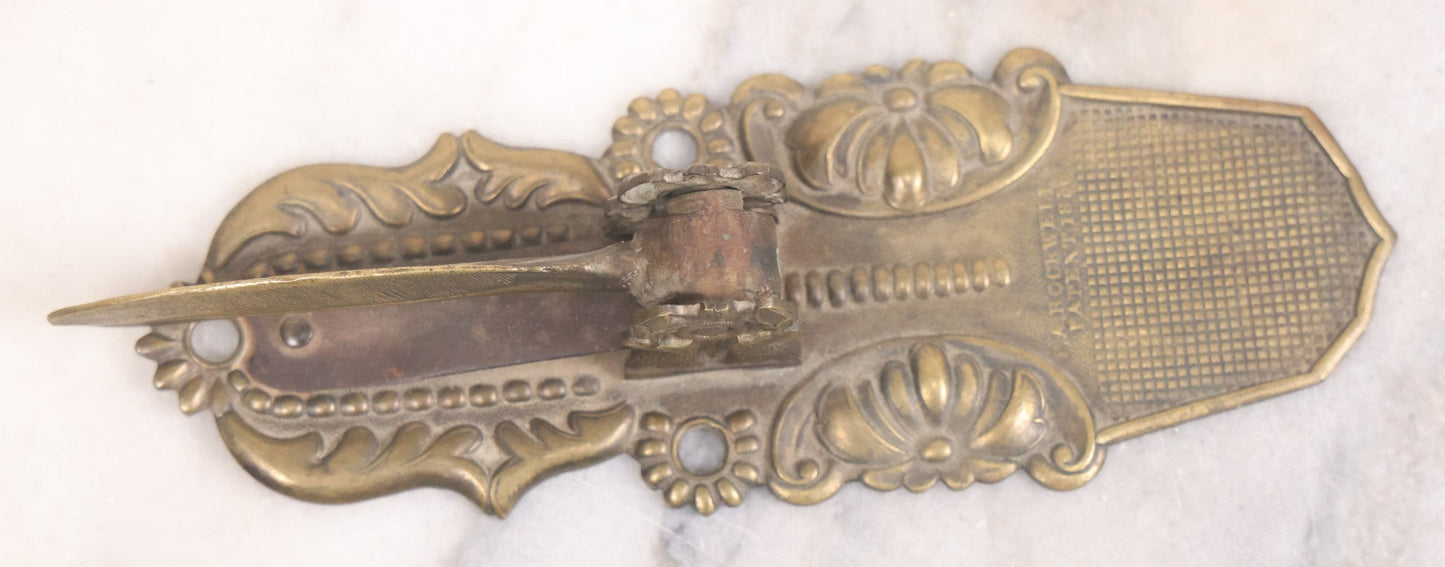 Lot 031 - Antique Victorian Pressed Brass Paperclip With Eagle And Feather Motifs, Manufactured By F.A. Rockwell, 1860, Note Damaged, Missing Hand Clip, 6" Length