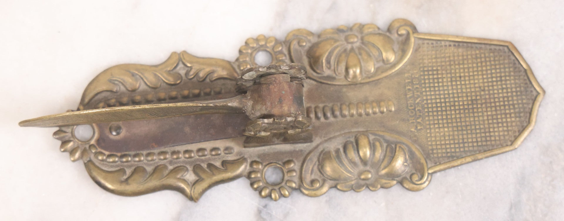 Lot 031 - Antique Victorian Pressed Brass Paperclip With Eagle And Feather Motifs, Manufactured By F.A. Rockwell, 1860, Note Damaged, Missing Hand Clip, 6" Length