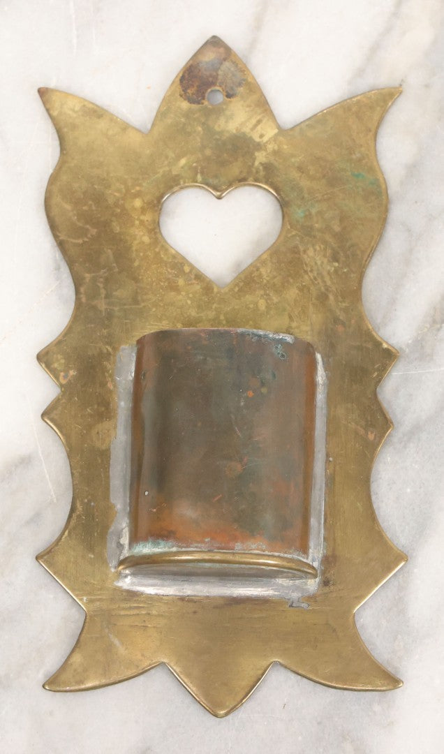 Lot 032 - Antique Hand Made Punched Brass Match Safe Wall Pocket With Heart Motif, Decorative Edge, 3-3/8" x 6-1/4"