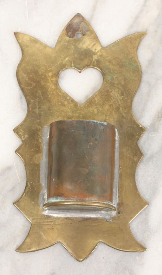Lot 032 - Antique Hand Made Punched Brass Match Safe Wall Pocket With Heart Motif, Decorative Edge, 3-3/8" x 6-1/4"