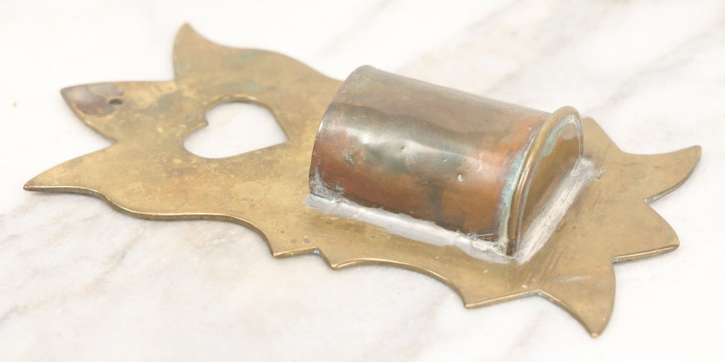 Lot 032 - Antique Hand Made Punched Brass Match Safe Wall Pocket With Heart Motif, Decorative Edge, 3-3/8" x 6-1/4"