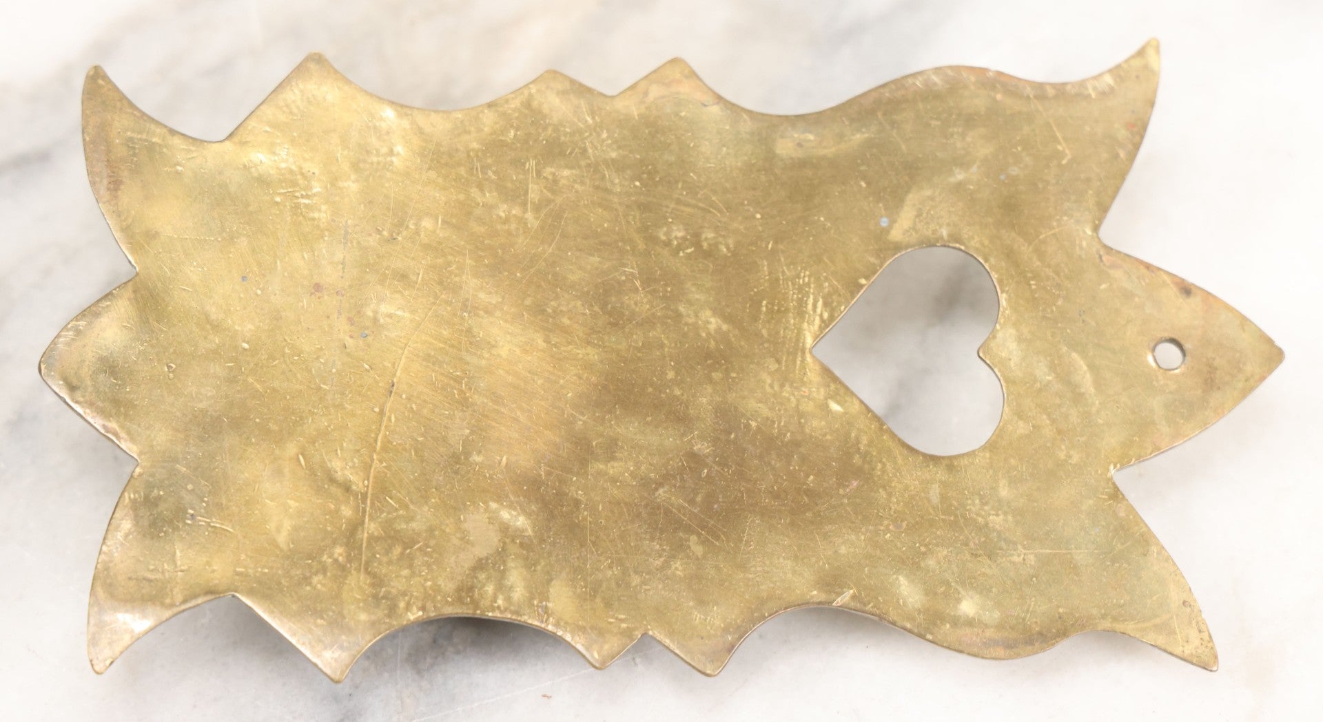 Lot 032 - Antique Hand Made Punched Brass Match Safe Wall Pocket With Heart Motif, Decorative Edge, 3-3/8" x 6-1/4"