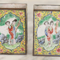 Lot 033 - Pair Of Vintage Hand Painted Metal And Porcelain Matchbox Holders, Featuring Pair Of Japanese Women In Kimonos In Various Standing Poses, Yellow Surround With Pink And Blue Flowers