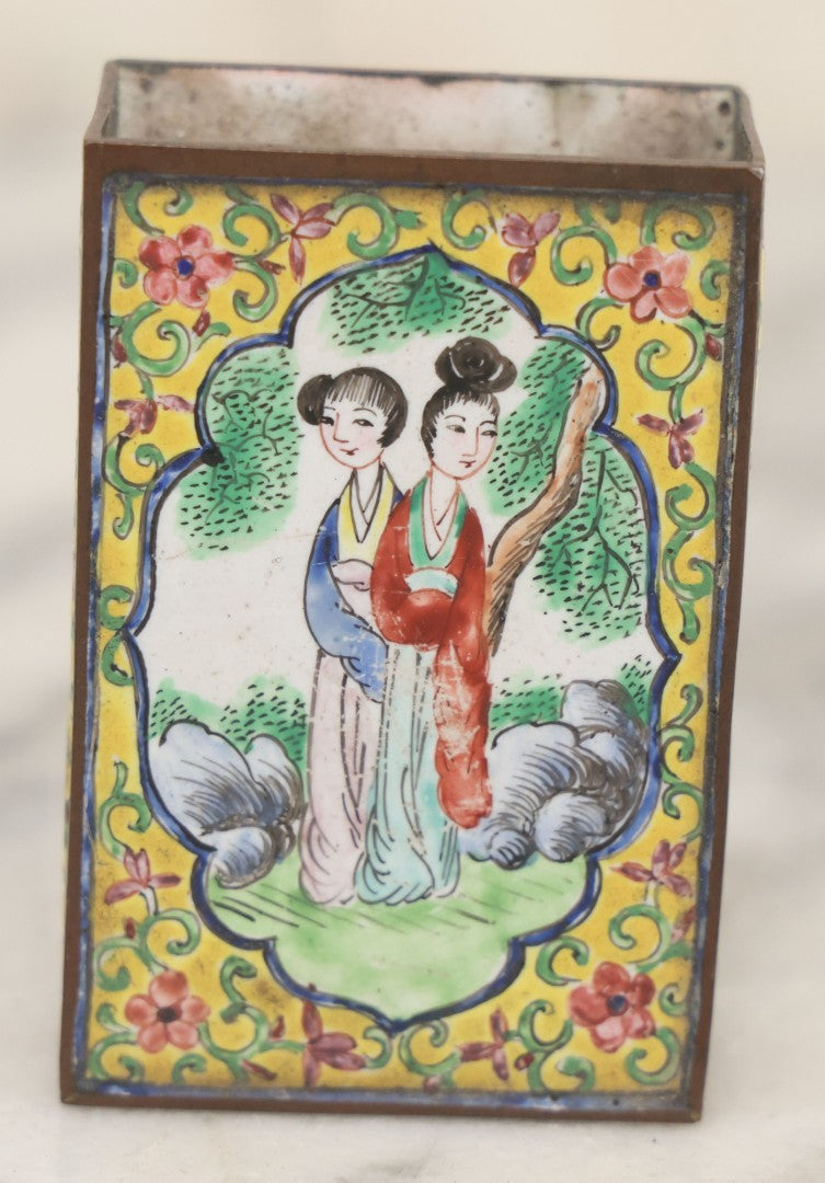 Lot 033 - Pair Of Vintage Hand Painted Metal And Porcelain Matchbox Holders, Featuring Pair Of Japanese Women In Kimonos In Various Standing Poses, Yellow Surround With Pink And Blue Flowers